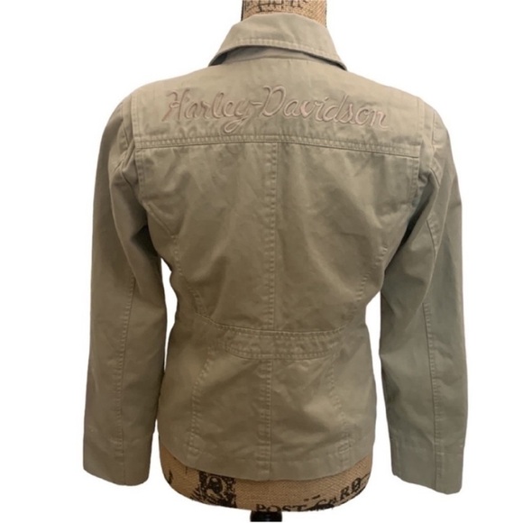 Harley Davidson‎ Tan Denim Asymmetrical Embroidered Worker Jacket Size XS - Picture 2 of 8